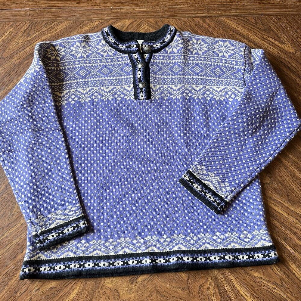 Vtg LL Bean Women's Nordic Fair Isle Wool Sweater Lavendar & Black 1/4 Button L